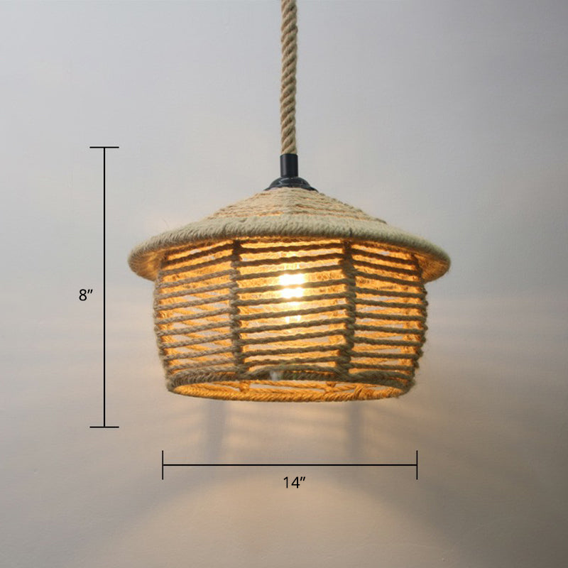Hand-Wrapped Rope Caged Pendant Light Country Style 1 Bulb Restaurant Ceiling Lamp in Light Brown Light Brown Dome Clearhalo 'Ceiling Lights' 'Industrial Pendants' 'Industrial' 'Middle Century Pendants' 'Pendant Lights' 'Pendants' 'Tiffany' Lighting' 2389186