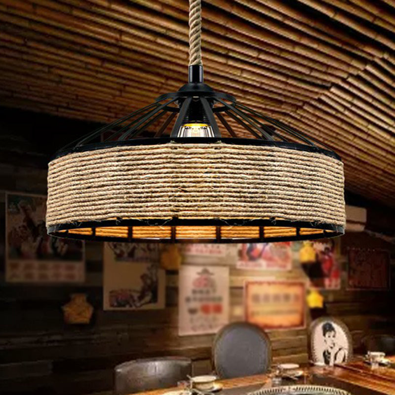 Hand-Wrapped Rope Caged Pendant Light Country Style 1 Bulb Restaurant Ceiling Lamp in Light Brown Clearhalo 'Ceiling Lights' 'Industrial Pendants' 'Industrial' 'Middle Century Pendants' 'Pendant Lights' 'Pendants' 'Tiffany' Lighting' 2389187