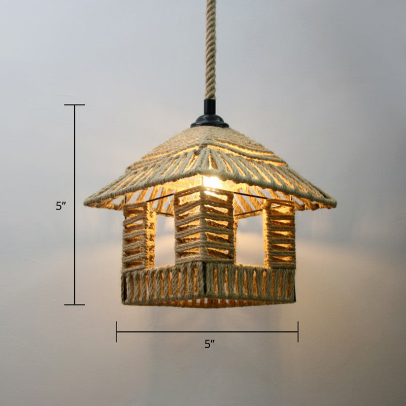 Hand-Wrapped Rope Caged Pendant Light Country Style 1 Bulb Restaurant Ceiling Lamp in Light Brown Light Brown Farmhouse Clearhalo 'Ceiling Lights' 'Industrial Pendants' 'Industrial' 'Middle Century Pendants' 'Pendant Lights' 'Pendants' 'Tiffany' Lighting' 2389188