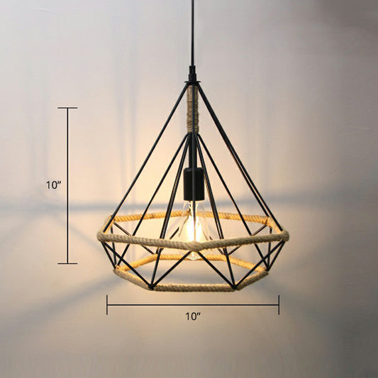 Hand-Wrapped Rope Caged Pendant Light Country Style 1 Bulb Restaurant Ceiling Lamp in Light Brown Light Brown Diamond Clearhalo 'Ceiling Lights' 'Industrial Pendants' 'Industrial' 'Middle Century Pendants' 'Pendant Lights' 'Pendants' 'Tiffany' Lighting' 2389190
