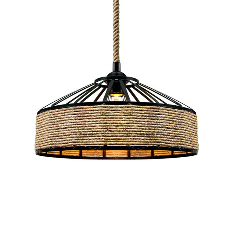 Hand-Wrapped Rope Caged Pendant Light Country Style 1 Bulb Restaurant Ceiling Lamp in Light Brown Clearhalo 'Ceiling Lights' 'Industrial Pendants' 'Industrial' 'Middle Century Pendants' 'Pendant Lights' 'Pendants' 'Tiffany' Lighting' 2389191