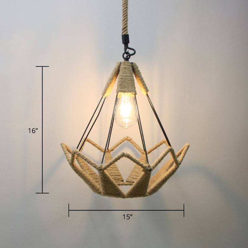Hand-Wrapped Rope Caged Pendant Light Country Style 1 Bulb Restaurant Ceiling Lamp in Light Brown Light Brown Crown Clearhalo 'Ceiling Lights' 'Industrial Pendants' 'Industrial' 'Middle Century Pendants' 'Pendant Lights' 'Pendants' 'Tiffany' Lighting' 2389192