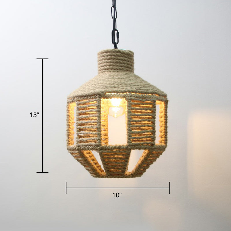Hand-Wrapped Rope Caged Pendant Light Country Style 1 Bulb Restaurant Ceiling Lamp in Light Brown Light Brown Lantern Clearhalo 'Ceiling Lights' 'Industrial Pendants' 'Industrial' 'Middle Century Pendants' 'Pendant Lights' 'Pendants' 'Tiffany' Lighting' 2389193