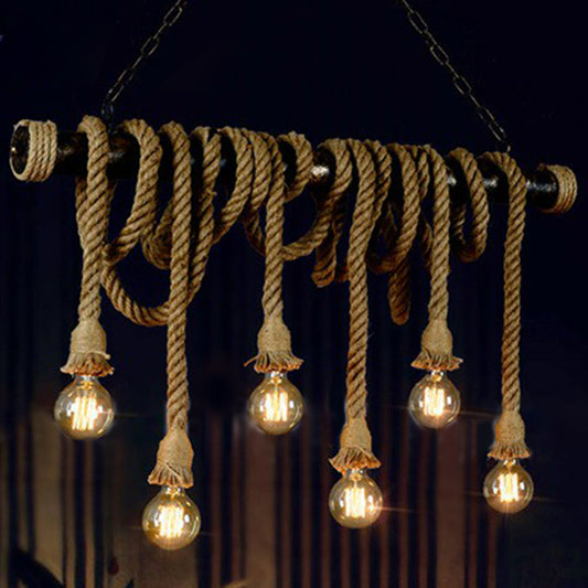 Natural Rope Light-Brown Island Lamp Bare-Bulb Design Industrial Suspension Light Fixture 6 Light Brown Clearhalo 'Ceiling Lights' 'Island Lights' Lighting' 2389196