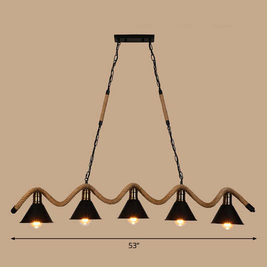 Matte Black Cone Island Lighting Industrial Metal Cafe Bar Hanging Light with Twisted Rope 5 Black Clearhalo 'Ceiling Lights' 'Island Lights' Lighting' 2389203