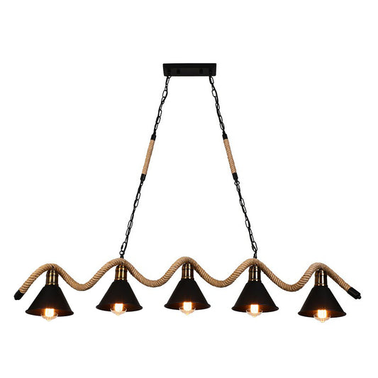 Matte Black Cone Island Lighting Industrial Metal Cafe Bar Hanging Light with Twisted Rope Clearhalo 'Ceiling Lights' 'Island Lights' Lighting' 2389206