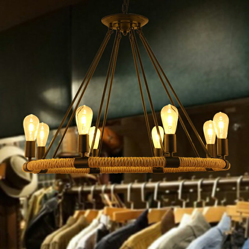 Manila Rope Chandelier Pendant Farmhouse Black Circular Restaurant Hanging Ceiling Light Clearhalo 'Cast Iron' 'Ceiling Lights' 'Chandeliers' 'Industrial Chandeliers' 'Industrial' 'Metal' 'Middle Century Chandeliers' 'Rustic Chandeliers' 'Tiffany' Lighting' 2389219