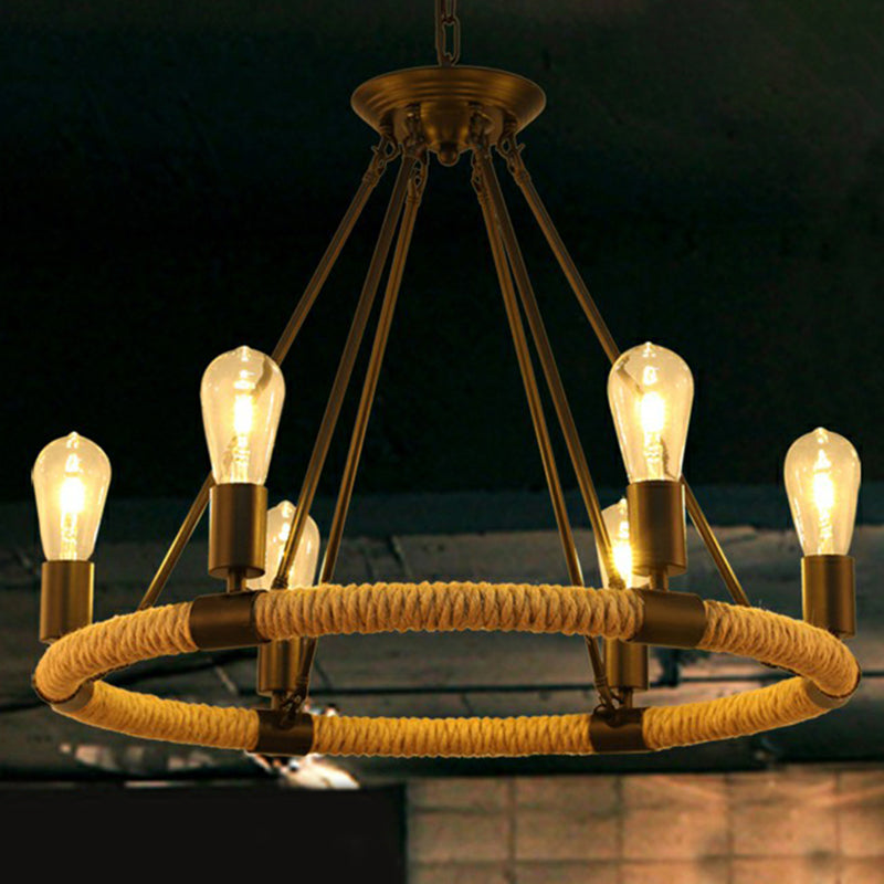 Manila Rope Chandelier Pendant Farmhouse Black Circular Restaurant Hanging Ceiling Light Clearhalo 'Cast Iron' 'Ceiling Lights' 'Chandeliers' 'Industrial Chandeliers' 'Industrial' 'Metal' 'Middle Century Chandeliers' 'Rustic Chandeliers' 'Tiffany' Lighting' 2389222