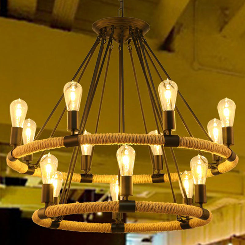 Manila Rope Chandelier Pendant Farmhouse Black Circular Restaurant Hanging Ceiling Light Clearhalo 'Cast Iron' 'Ceiling Lights' 'Chandeliers' 'Industrial Chandeliers' 'Industrial' 'Metal' 'Middle Century Chandeliers' 'Rustic Chandeliers' 'Tiffany' Lighting' 2389224