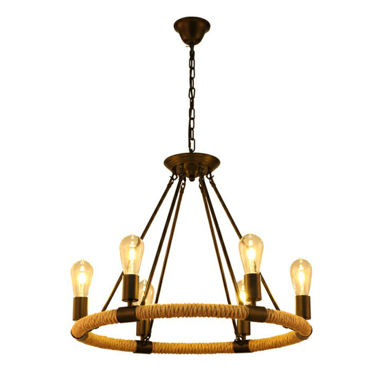 Manila Rope Chandelier Pendant Farmhouse Black Circular Restaurant Hanging Ceiling Light Clearhalo 'Cast Iron' 'Ceiling Lights' 'Chandeliers' 'Industrial Chandeliers' 'Industrial' 'Metal' 'Middle Century Chandeliers' 'Rustic Chandeliers' 'Tiffany' Lighting' 2389226