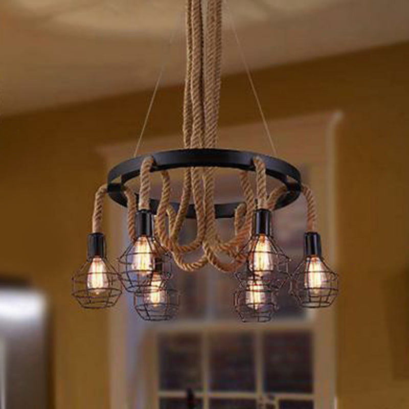 Black 6-Light Chandelier Industrial Iron Cage Pendant Light with Hemp Rope for Dining Room Black Clearhalo 'Cast Iron' 'Ceiling Lights' 'Chandeliers' 'Industrial Chandeliers' 'Industrial' 'Metal' 'Middle Century Chandeliers' 'Rustic Chandeliers' 'Tiffany' Lighting' 2389227