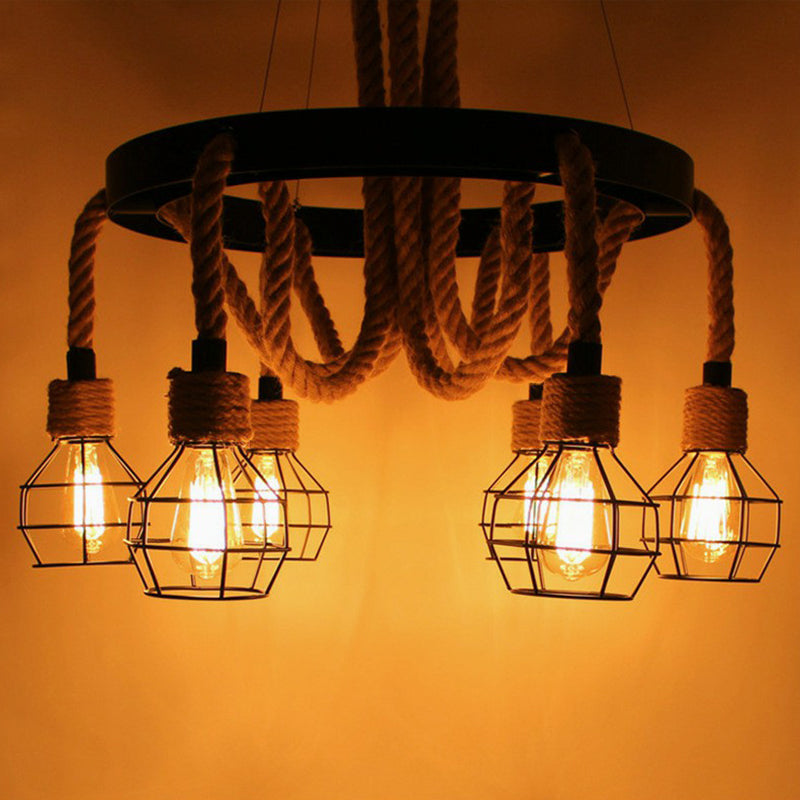 Black 6-Light Chandelier Industrial Iron Cage Pendant Light with Hemp Rope for Dining Room Clearhalo 'Cast Iron' 'Ceiling Lights' 'Chandeliers' 'Industrial Chandeliers' 'Industrial' 'Metal' 'Middle Century Chandeliers' 'Rustic Chandeliers' 'Tiffany' Lighting' 2389229