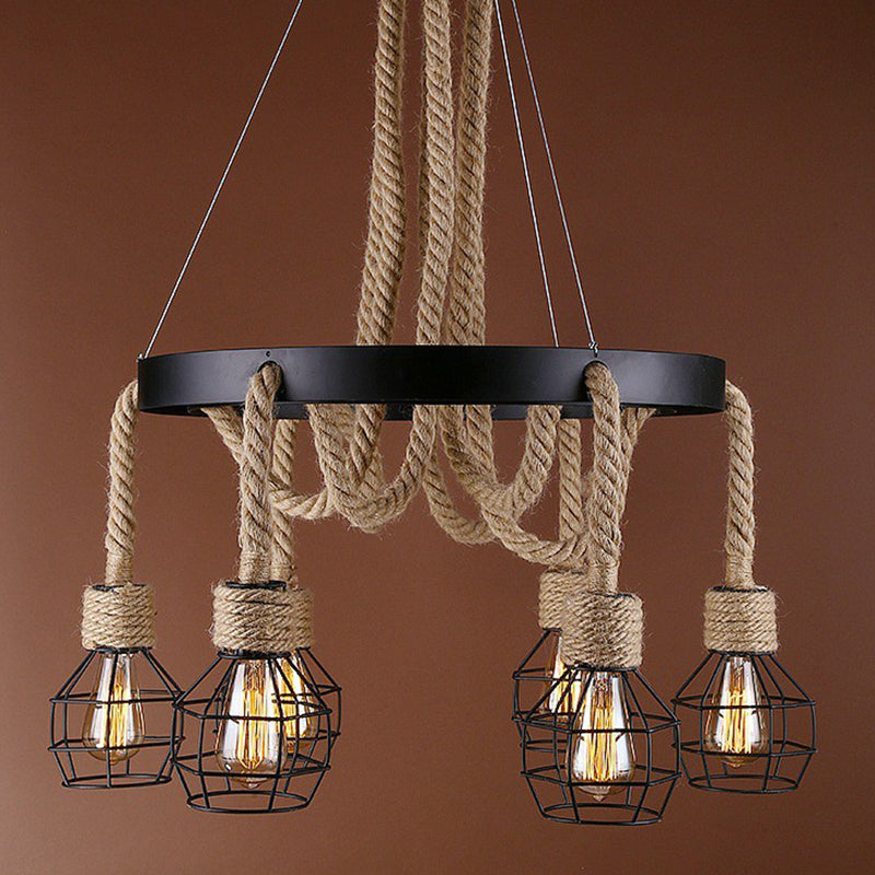 Black 6-Light Chandelier Industrial Iron Cage Pendant Light with Hemp Rope for Dining Room Clearhalo 'Cast Iron' 'Ceiling Lights' 'Chandeliers' 'Industrial Chandeliers' 'Industrial' 'Metal' 'Middle Century Chandeliers' 'Rustic Chandeliers' 'Tiffany' Lighting' 2389230
