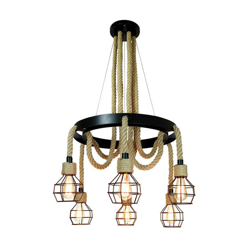 Black 6-Light Chandelier Industrial Iron Cage Pendant Light with Hemp Rope for Dining Room Clearhalo 'Cast Iron' 'Ceiling Lights' 'Chandeliers' 'Industrial Chandeliers' 'Industrial' 'Metal' 'Middle Century Chandeliers' 'Rustic Chandeliers' 'Tiffany' Lighting' 2389231