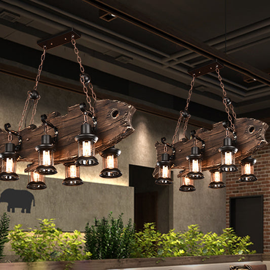 6 Heads Island Lighting Rustic Fish Shaped Wood Hanging Lamp with Lantern Shade in Brown Clearhalo 'Ceiling Lights' 'Island Lights' Lighting' 2389234