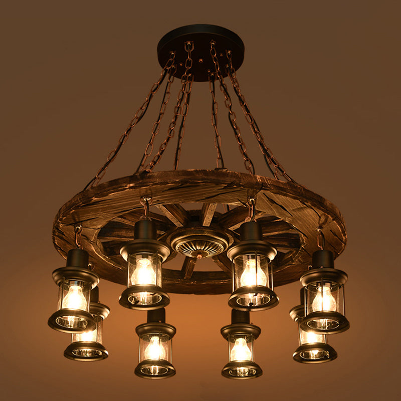 Wooden Wagon Wheel Chandelier Nautical 8-Bulb Dining Room Pendant Light Fixture with Lantern in Brown Brown Clearhalo 'Cast Iron' 'Ceiling Lights' 'Chandeliers' 'Industrial Chandeliers' 'Industrial' 'Metal' 'Middle Century Chandeliers' 'Rustic Chandeliers' 'Tiffany' Lighting' 2389242