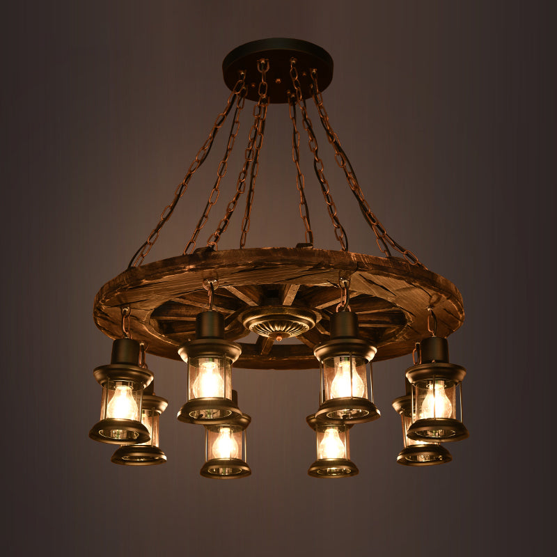 Wooden Wagon Wheel Chandelier Nautical 8-Bulb Dining Room Pendant Light Fixture with Lantern in Brown Clearhalo 'Cast Iron' 'Ceiling Lights' 'Chandeliers' 'Industrial Chandeliers' 'Industrial' 'Metal' 'Middle Century Chandeliers' 'Rustic Chandeliers' 'Tiffany' Lighting' 2389243