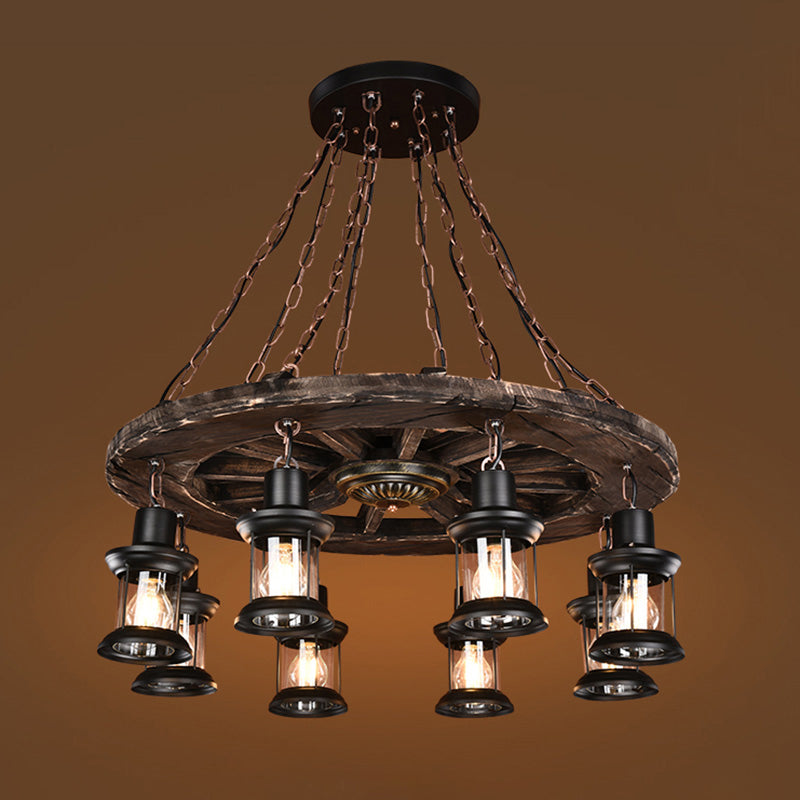 Wooden Wagon Wheel Chandelier Nautical 8-Bulb Dining Room Pendant Light Fixture with Lantern in Brown Clearhalo 'Cast Iron' 'Ceiling Lights' 'Chandeliers' 'Industrial Chandeliers' 'Industrial' 'Metal' 'Middle Century Chandeliers' 'Rustic Chandeliers' 'Tiffany' Lighting' 2389244