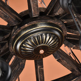 Wooden Wagon Wheel Chandelier Nautical 8-Bulb Dining Room Pendant Light Fixture with Lantern in Brown Clearhalo 'Cast Iron' 'Ceiling Lights' 'Chandeliers' 'Industrial Chandeliers' 'Industrial' 'Metal' 'Middle Century Chandeliers' 'Rustic Chandeliers' 'Tiffany' Lighting' 2389245