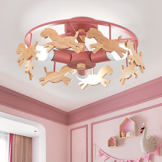 Merry-Go-Round Kindergarten Ceiling Lamp Wooden 3-Head Kids Semi Flush Mount Light Clearhalo 'Ceiling Lights' 'Close To Ceiling Lights' 'Close to ceiling' 'Semi-flushmount' Lighting' 2389433