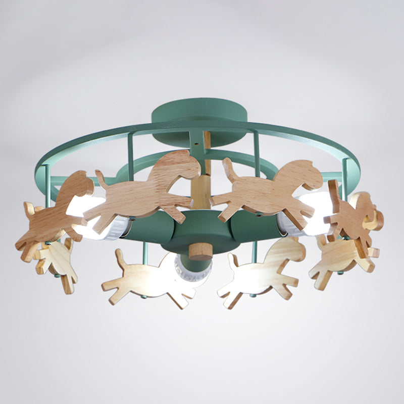Merry-Go-Round Kindergarten Ceiling Lamp Wooden 3-Head Kids Semi Flush Mount Light Green Clearhalo 'Ceiling Lights' 'Close To Ceiling Lights' 'Close to ceiling' 'Semi-flushmount' Lighting' 2389434
