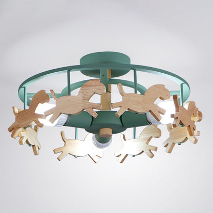 Merry-Go-Round Kindergarten Ceiling Lamp Wooden 3-Head Kids Semi Flush Mount Light Green Clearhalo 'Ceiling Lights' 'Close To Ceiling Lights' 'Close to ceiling' 'Semi-flushmount' Lighting' 2389434