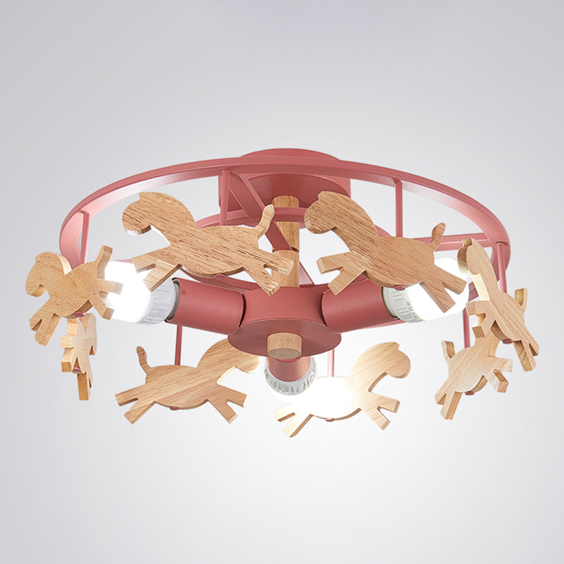 Merry-Go-Round Kindergarten Ceiling Lamp Wooden 3-Head Kids Semi Flush Mount Light Red Clearhalo 'Ceiling Lights' 'Close To Ceiling Lights' 'Close to ceiling' 'Semi-flushmount' Lighting' 2389435