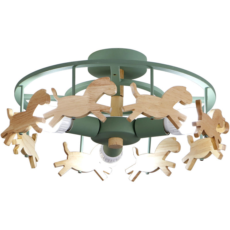 Merry-Go-Round Kindergarten Ceiling Lamp Wooden 3-Head Kids Semi Flush Mount Light Clearhalo 'Ceiling Lights' 'Close To Ceiling Lights' 'Close to ceiling' 'Semi-flushmount' Lighting' 2389437