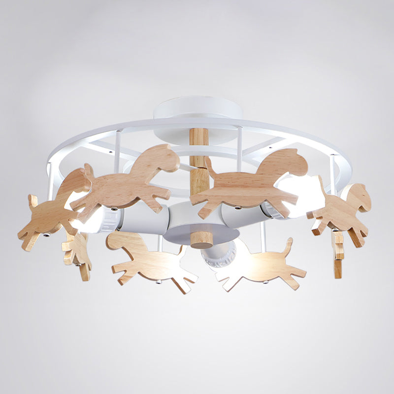 Merry-Go-Round Kindergarten Ceiling Lamp Wooden 3-Head Kids Semi Flush Mount Light White Clearhalo 'Ceiling Lights' 'Close To Ceiling Lights' 'Close to ceiling' 'Semi-flushmount' Lighting' 2389438