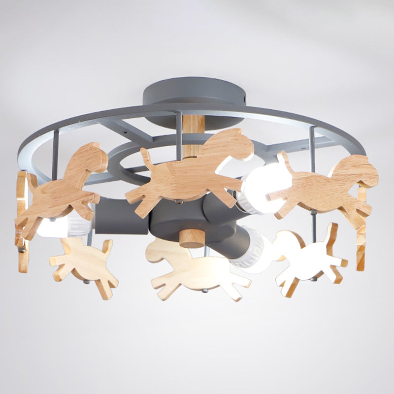 Merry-Go-Round Kindergarten Ceiling Lamp Wooden 3-Head Kids Semi Flush Mount Light Grey Clearhalo 'Ceiling Lights' 'Close To Ceiling Lights' 'Close to ceiling' 'Semi-flushmount' Lighting' 2389439