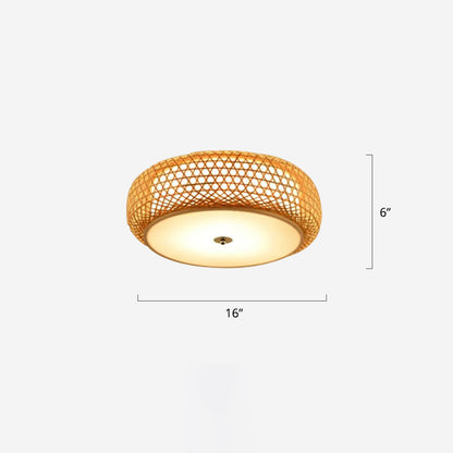 Round Bamboo Flush Mount Lamp Asian 1 Bulb Beige Ceiling Light Fixture for Bedroom Beige 16" Clearhalo 'Ceiling Lights' 'Close To Ceiling Lights' 'Close to ceiling' 'Flush mount' Lighting' 2389444
