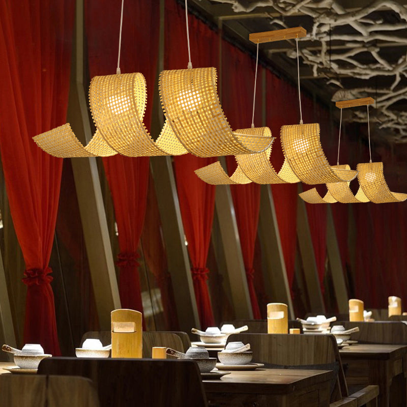 Beige Curl Hanging Light Minimalist 2-Light Bamboo Pendant Light Fixture for Tea Room Clearhalo 'Ceiling Lights' 'Pendant Lights' 'Pendants' Lighting' 2389465