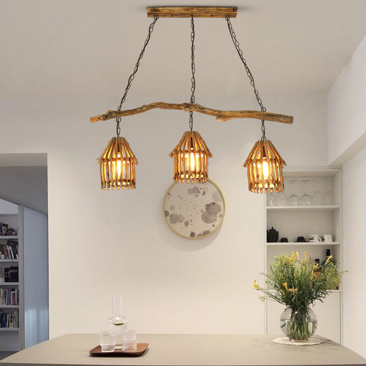 Wooden House Shaped Hanging Lamp Nordic 3 Heads Island Pendant Light for Dining Room Clearhalo 'Ceiling Lights' 'Island Lights' Lighting' 2389467