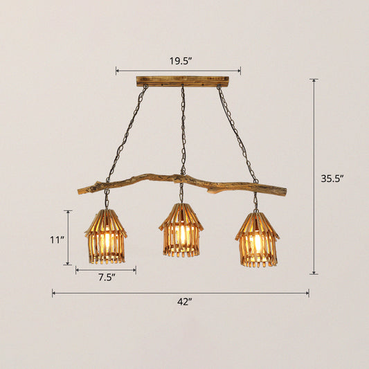 Wooden House Shaped Hanging Lamp Nordic 3 Heads Island Pendant Light for Dining Room Wood Clearhalo 'Ceiling Lights' 'Island Lights' Lighting' 2389468