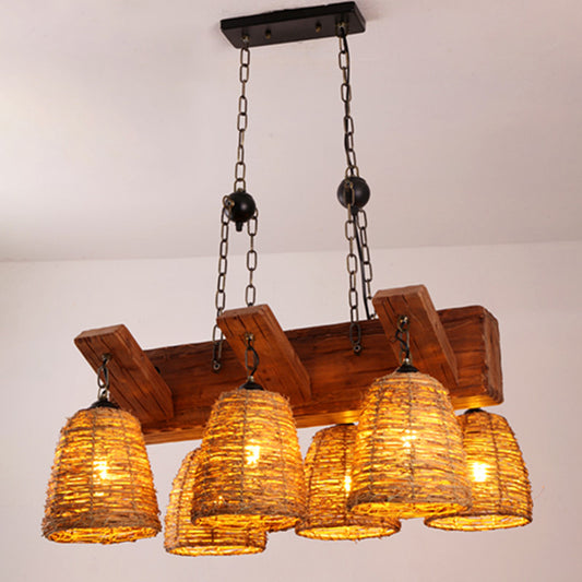 Brown Tapered Suspension Light Fixture Asia Rattan Island Lighting for Dining Room 6 Brown Clearhalo 'Ceiling Lights' 'Island Lights' Lighting' 2389474