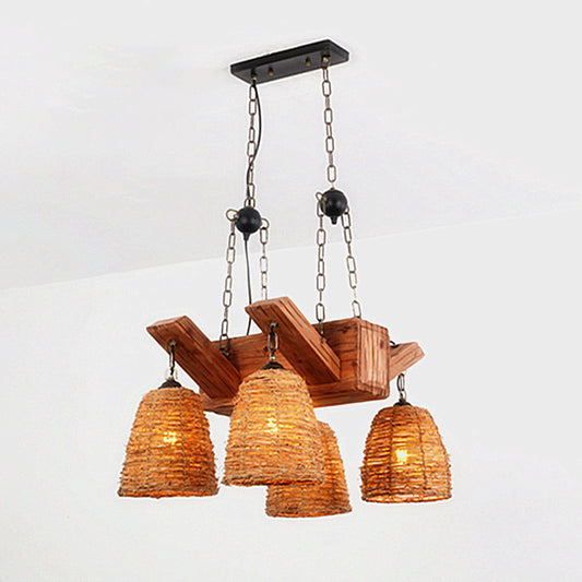 Brown Tapered Suspension Light Fixture Asia Rattan Island Lighting for Dining Room 4 Brown Clearhalo 'Ceiling Lights' 'Island Lights' Lighting' 2389475