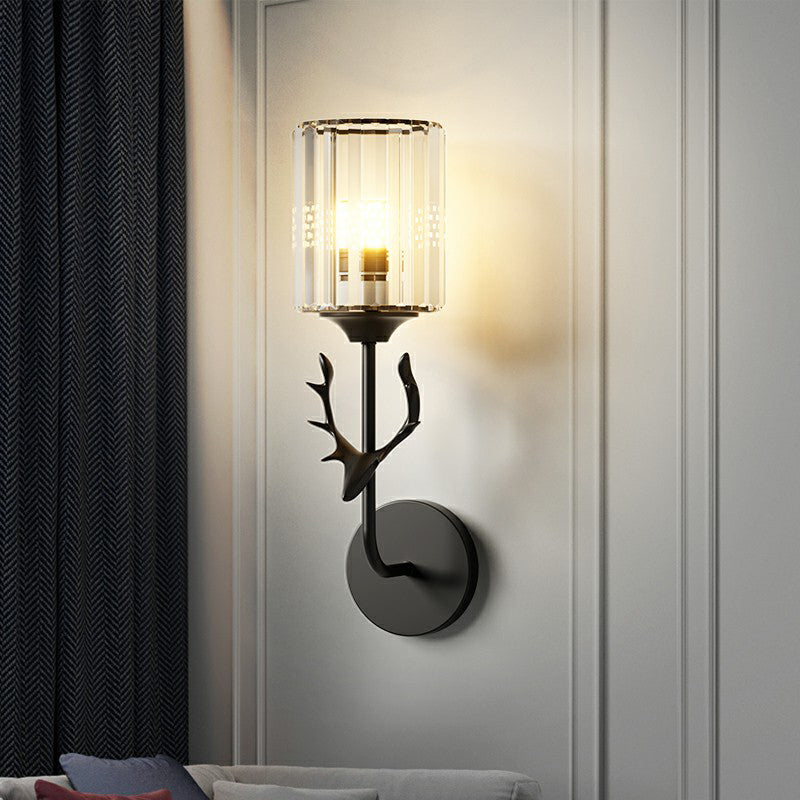 Cylinder Wall Mount Light Nordic Crystal Prism Wall Sconce with Antler Decoration Clearhalo 'Cast Iron' 'Glass' 'Industrial' 'Modern wall lights' 'Modern' 'Tiffany' 'Traditional wall lights' 'Wall Lamps & Sconces' 'Wall Lights' Lighting' 2389651