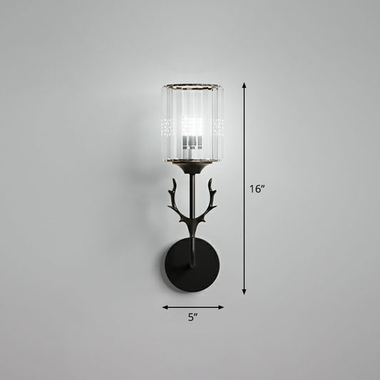 Cylinder Wall Mount Light Nordic Crystal Prism Wall Sconce with Antler Decoration 1.0 Black Clearhalo 'Cast Iron' 'Glass' 'Industrial' 'Modern wall lights' 'Modern' 'Tiffany' 'Traditional wall lights' 'Wall Lamps & Sconces' 'Wall Lights' Lighting' 2389652