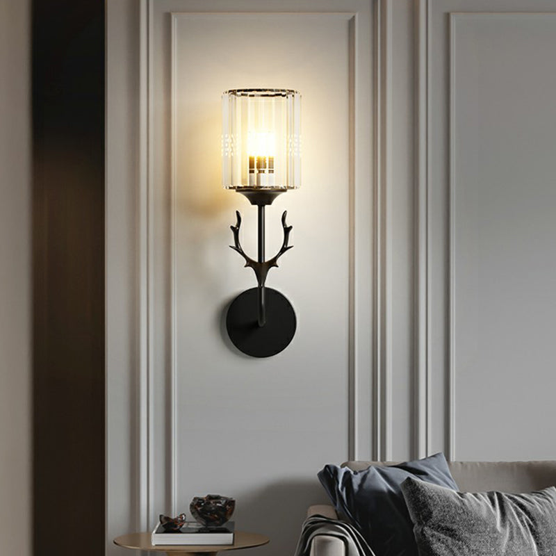 Cylinder Wall Mount Light Nordic Crystal Prism Wall Sconce with Antler Decoration Clearhalo 'Cast Iron' 'Glass' 'Industrial' 'Modern wall lights' 'Modern' 'Tiffany' 'Traditional wall lights' 'Wall Lamps & Sconces' 'Wall Lights' Lighting' 2389654