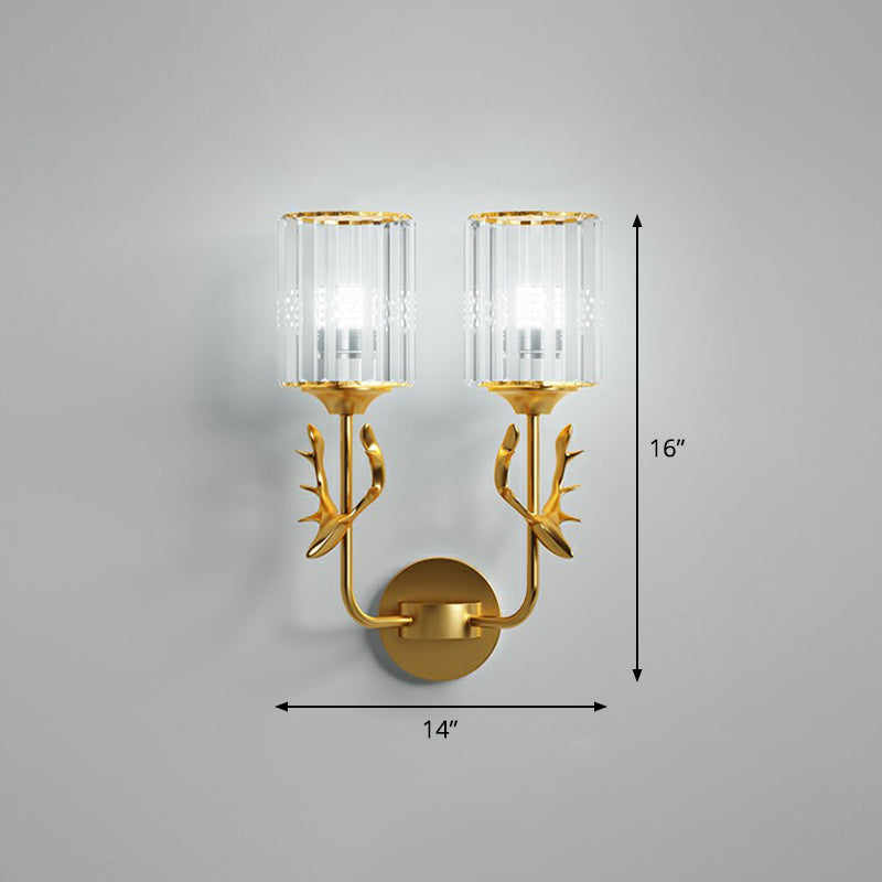Cylinder Wall Mount Light Nordic Crystal Prism Wall Sconce with Antler Decoration 2.0 Gold Clearhalo 'Cast Iron' 'Glass' 'Industrial' 'Modern wall lights' 'Modern' 'Tiffany' 'Traditional wall lights' 'Wall Lamps & Sconces' 'Wall Lights' Lighting' 2389655