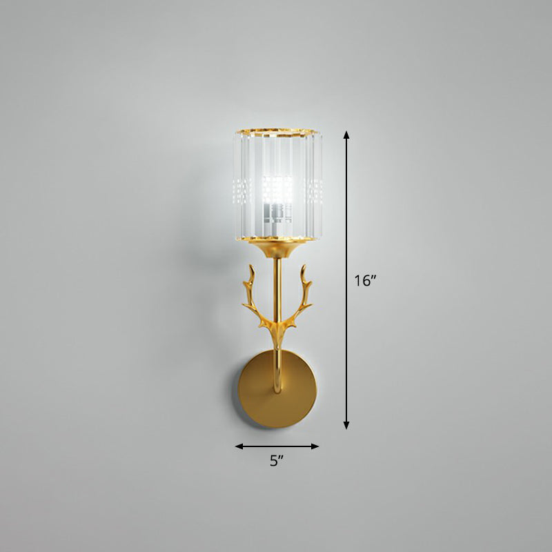 Cylinder Wall Mount Light Nordic Crystal Prism Wall Sconce with Antler Decoration 1.0 Gold Clearhalo 'Cast Iron' 'Glass' 'Industrial' 'Modern wall lights' 'Modern' 'Tiffany' 'Traditional wall lights' 'Wall Lamps & Sconces' 'Wall Lights' Lighting' 2389657