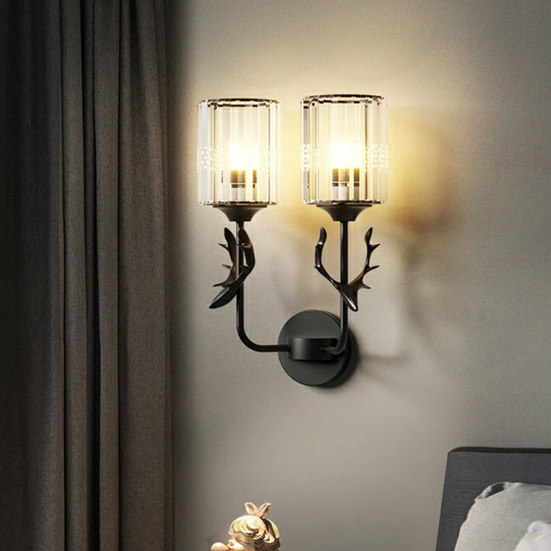 Cylinder Wall Mount Light Nordic Crystal Prism Wall Sconce with Antler Decoration Clearhalo 'Cast Iron' 'Glass' 'Industrial' 'Modern wall lights' 'Modern' 'Tiffany' 'Traditional wall lights' 'Wall Lamps & Sconces' 'Wall Lights' Lighting' 2389659