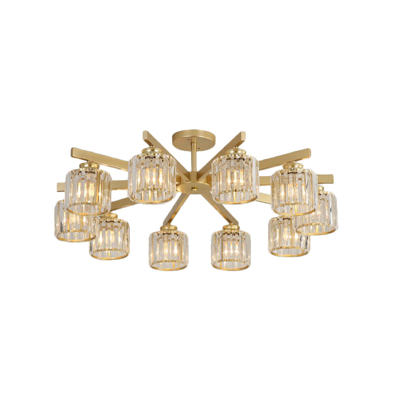 Crystal Cylinder Ceiling Mounted Light Minimalistic Golden Semi Flush Mount Fixture for Bedroom