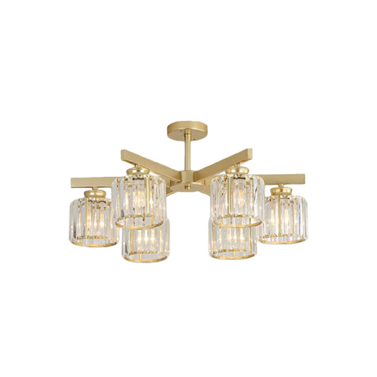 Crystal Cylinder Ceiling Mounted Light Minimalistic Golden Semi Flush Mount Fixture for Bedroom 6 Gold Clearhalo 'Ceiling Lights' 'Close To Ceiling Lights' 'Close to ceiling' 'Semi-flushmount' Lighting' 2389689