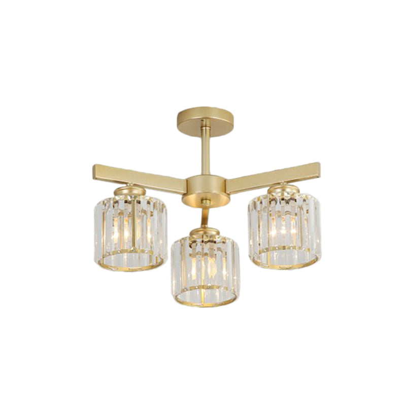 Crystal Cylinder Ceiling Mounted Light Minimalistic Golden Semi Flush Mount Fixture for Bedroom