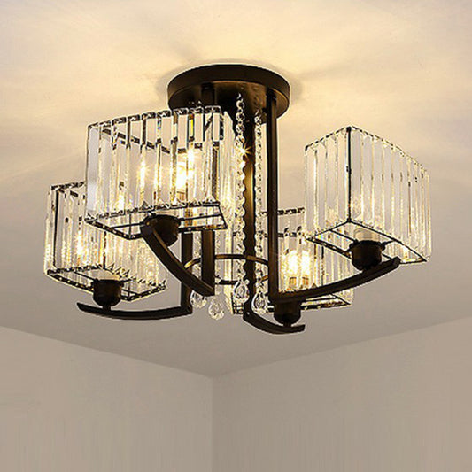 Rectangle Bedroom Semi Flush Ceiling Light Crystal Contemporary Flush Mount Lamp in Black 5 Black