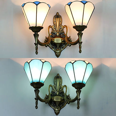 Stained Glass Cone Wall Sconce Light 2 Lights Vintage Loft Wall Mount Light in White/Blue for Bedroom Clearhalo 'Industrial' 'Middle century wall lights' 'Tiffany wall lights' 'Tiffany' 'Wall Lamps & Sconces' 'Wall Lights' Lighting' 23897