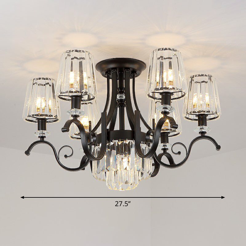 Crystal Conical Semi Flush Mount Lighting Vintage Living Room Ceiling Fixture in Black 7 Black Clearhalo 'Ceiling Lights' 'Close To Ceiling Lights' 'Close to ceiling' 'Semi-flushmount' Lighting' 2389701
