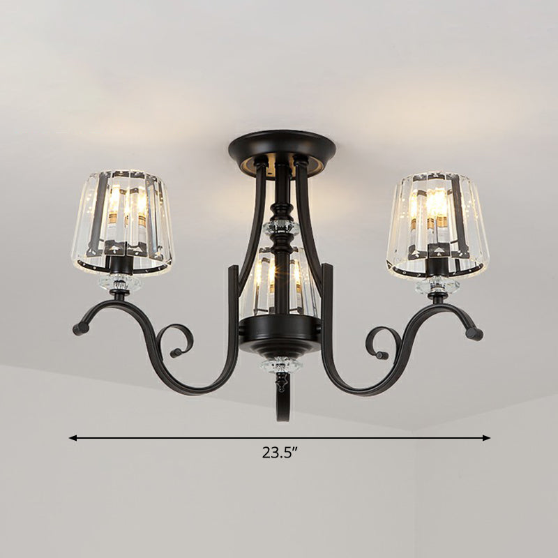 Crystal Conical Semi Flush Mount Lighting Vintage Living Room Ceiling Fixture in Black 3 Black Clearhalo 'Ceiling Lights' 'Close To Ceiling Lights' 'Close to ceiling' 'Semi-flushmount' Lighting' 2389702