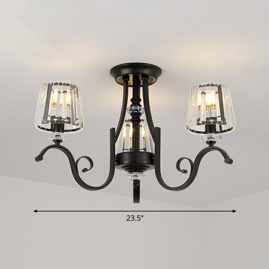 Crystal Conical Semi Flush Mount Lighting Vintage Living Room Ceiling Fixture in Black 3 Black